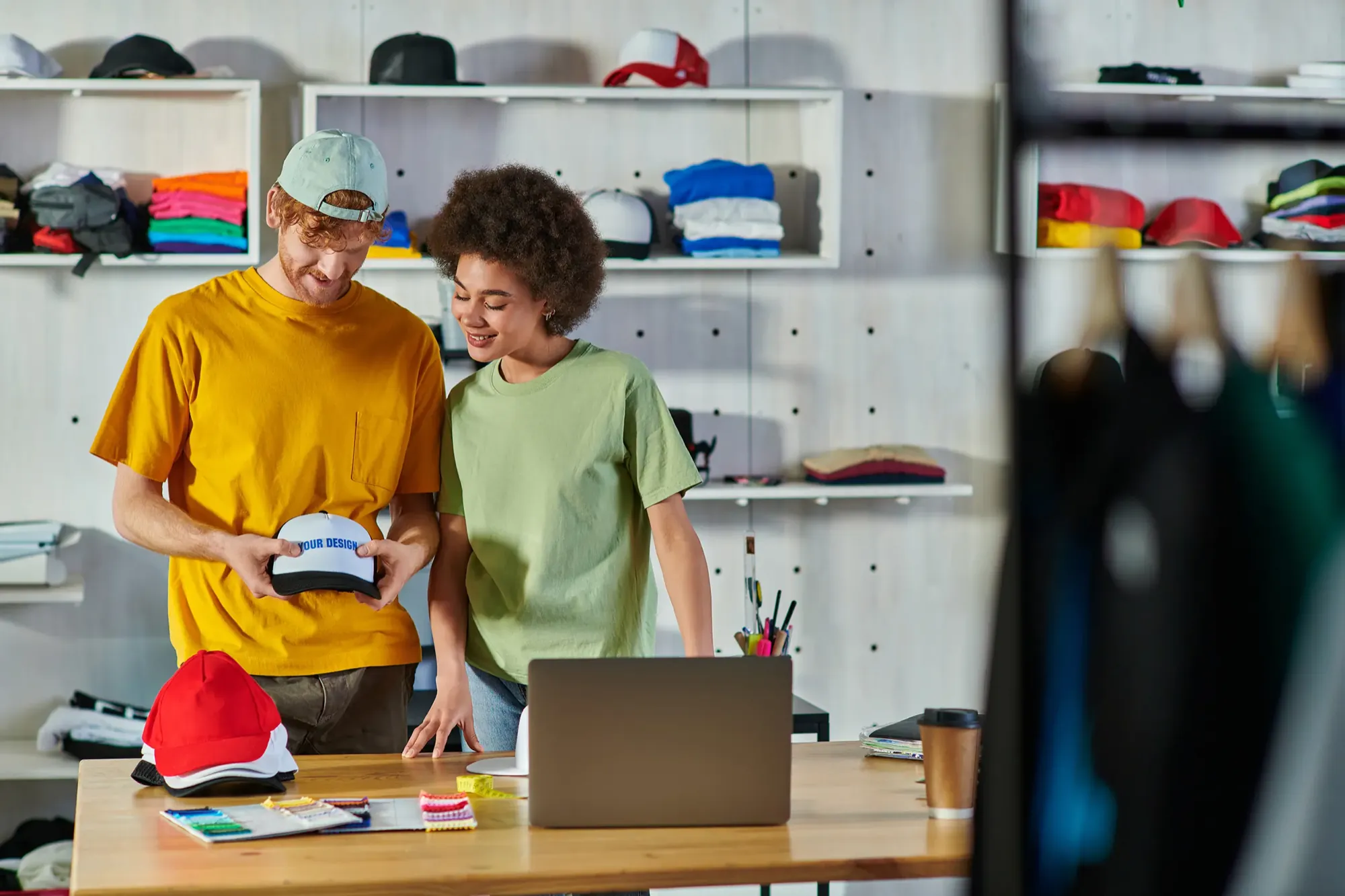 Two Shopify store owners reviewing their online store on a laptop in their custom apparel studio